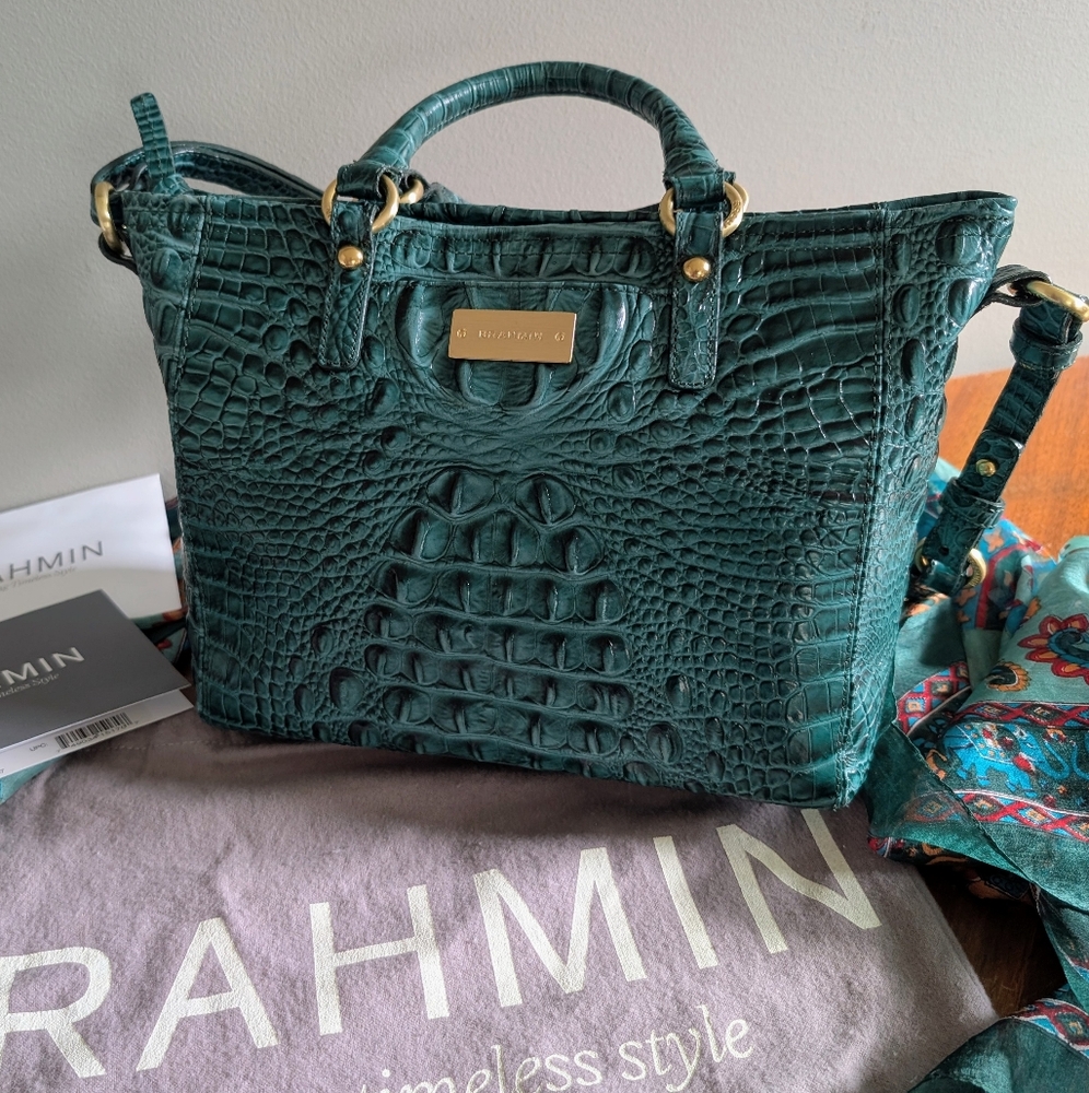 Brahmin Teal Croc-Embossed Shoulder Bag